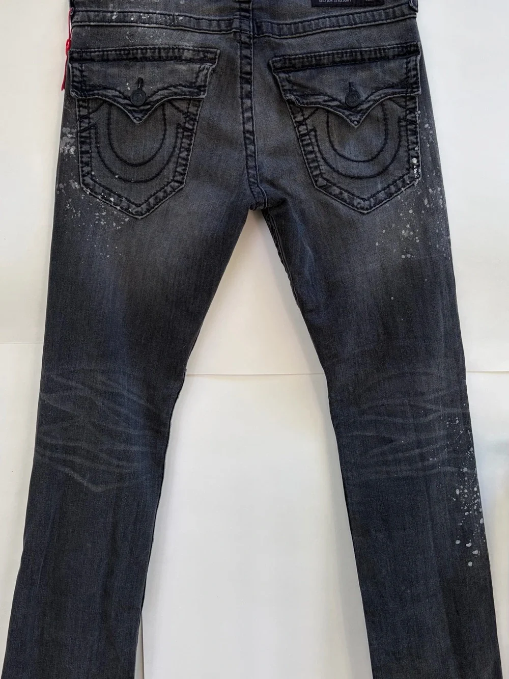 True Religion Straight Grey Acid Wash Paint Splatter Jeans